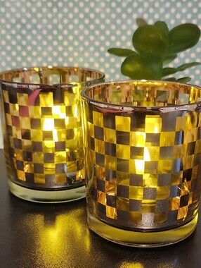 Vintage Bloomingdale's Gold Checkerboard Glass Votive Candle Holders Set Of 2